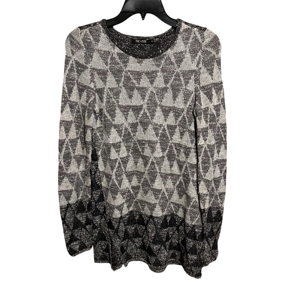 NIC + ZOE Black Grey Pixel Knit Geometric Knit Top Sweater Women’s Size XS